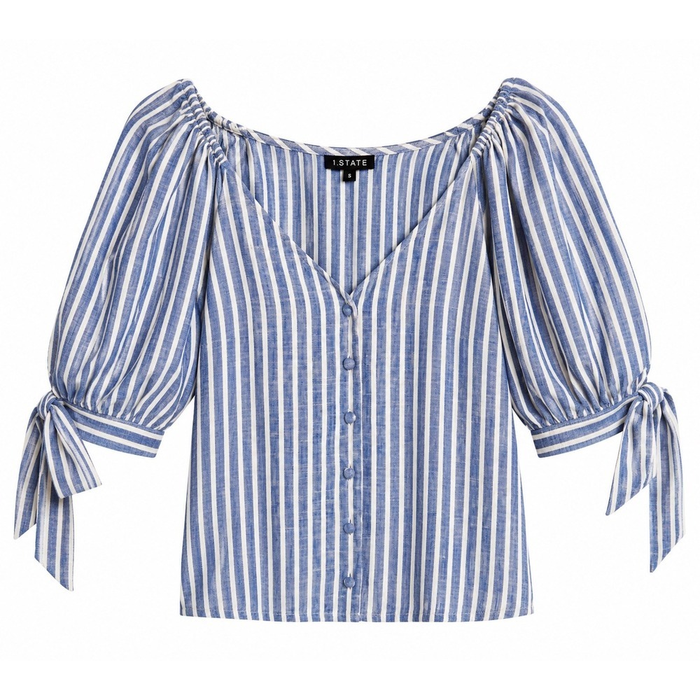 NWT 1.STATE Riviera Top XS Harbor Waves Blue Stripe Puff Sleeve Off Shoulder